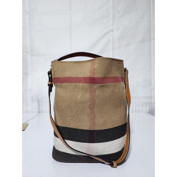 Authentic BURBERRY Canvas Mega Check Medium Ashby Hobo Saddle Bag Brown - Picture 1 of 13